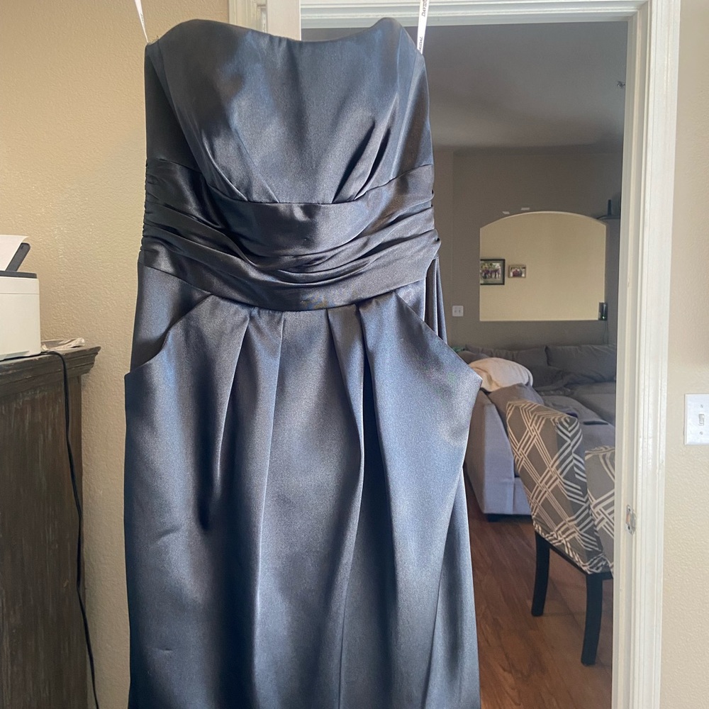short charmeuse dress with ruched waist and pocket